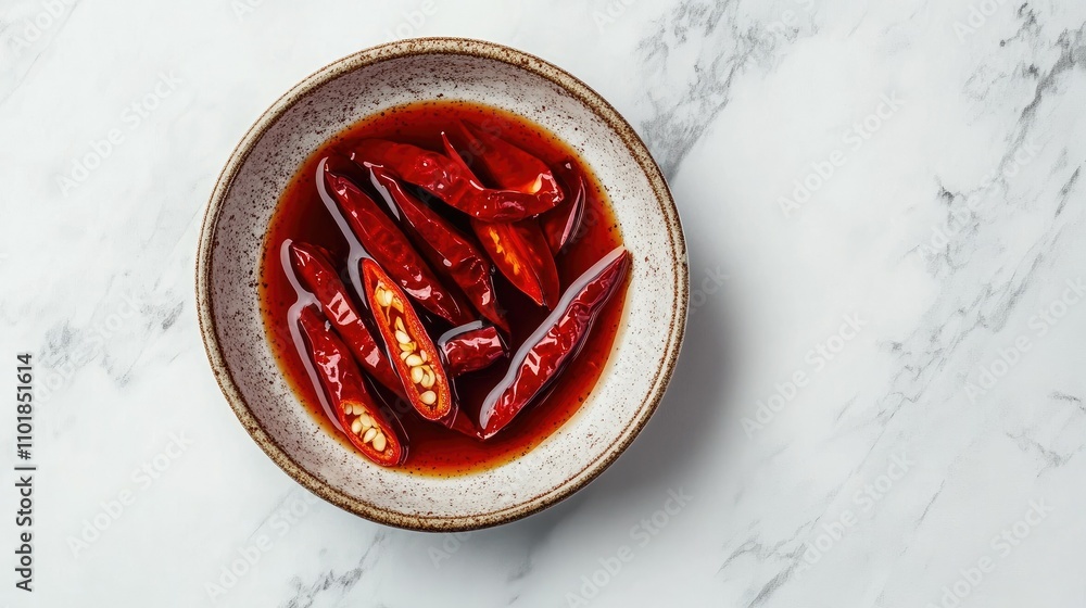 Thin slices of red chili floating evenly in fish sauce, placed on a marble countertop. Thin slices of red chili floating evenly in fish sauce, placed on a marble countertop.