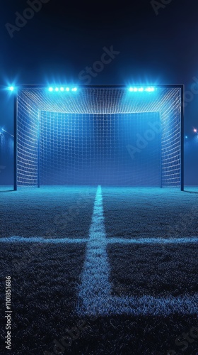 Brightly lit soccer goal on an artificial turf field at night