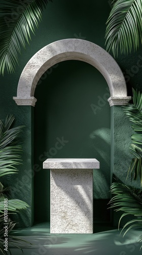 Minimalist display featuring stone pedestal and arch on green textured wall w...