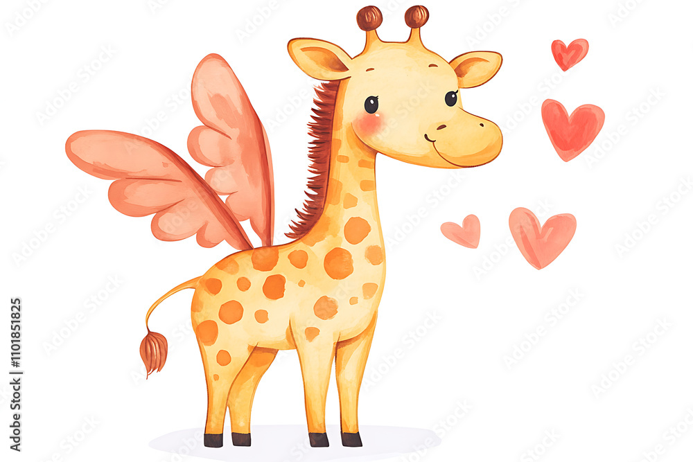 A whimsical giraffe with butterfly wings surrounded by hearts, conveying a playful and loving vibe. A whimsical giraffe with butterfly wings surrounded by hearts, conveying a playful and loving vibe.