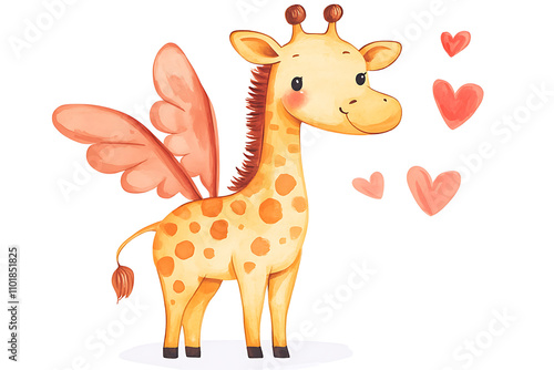 A whimsical giraffe with butterfly wings surrounded by hearts, conveying a playful and loving vibe.