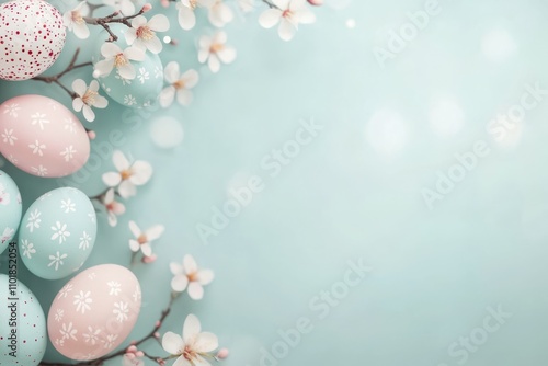 Colorful Easter eggs surrounded by spring flowers on a blue background