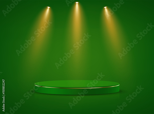 Green background vector 3d with green and gold podium for product presentation. Empty room with light effect. Vector illustration.