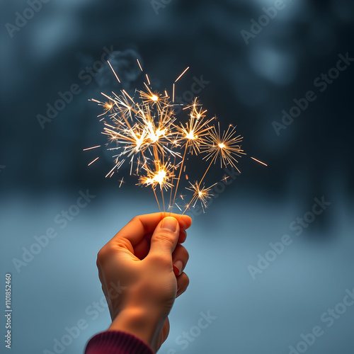 Close up of a hands holding some sparklers celebrating the new year 2025 on white