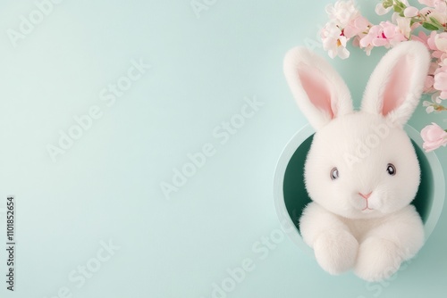 White rabbit peeking from a hole in a mint green background during daylight h...