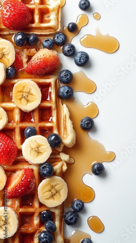 Delicious waffles topped with fresh fruit and syrup on a light background