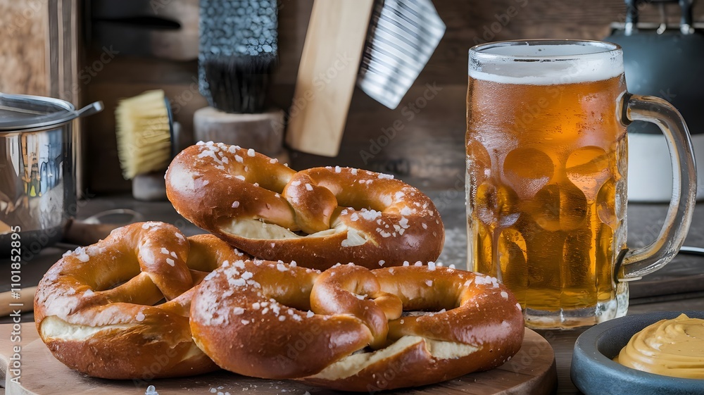 Warm baked pretzels sprinkled with coarse sea salt, served with yellow mustard dip on white plate with beer mug nearby Warm baked pretzels sprinkled with coarse sea salt, served with yellow mustard dip on white plate with beer mug nearby