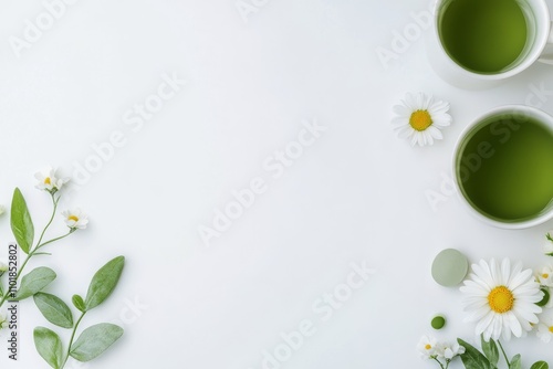 Refreshing tea with chamomile flowers and green leaves on a clean surface