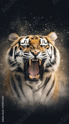 Majestic tiger roaring with intensity against a blurred background at dusk
