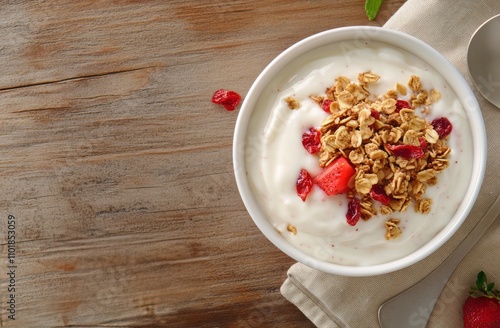 Delicious yogurt bowl with granola and fresh strawberries in a cozy setting