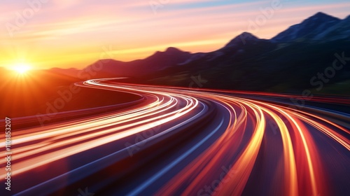 Sunset view of a blurred mountain road with streaks of car lights