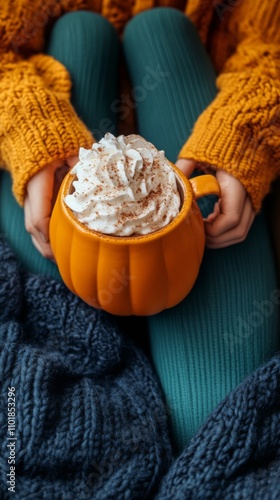 Warm pumpkin spice drink in cozy sweater during autumn afternoon
