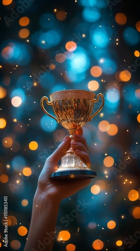 Golden trophy held aloft against a festive background of blurred lights