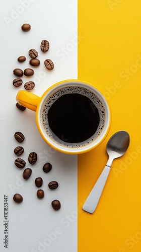 Bright yellow background with a black coffee cup, beans, and a spoon on a whi...