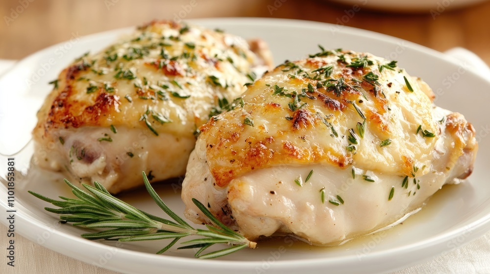 Three chicken fillets slow-cooked in herbs and garlic over roasted potatoes, garnished with sprigs of rosemary, create a flavorful dish Three chicken fillets slow-cooked in herbs and garlic over roasted potatoes, garnished with sprigs of rosemary, create a flavorful dish