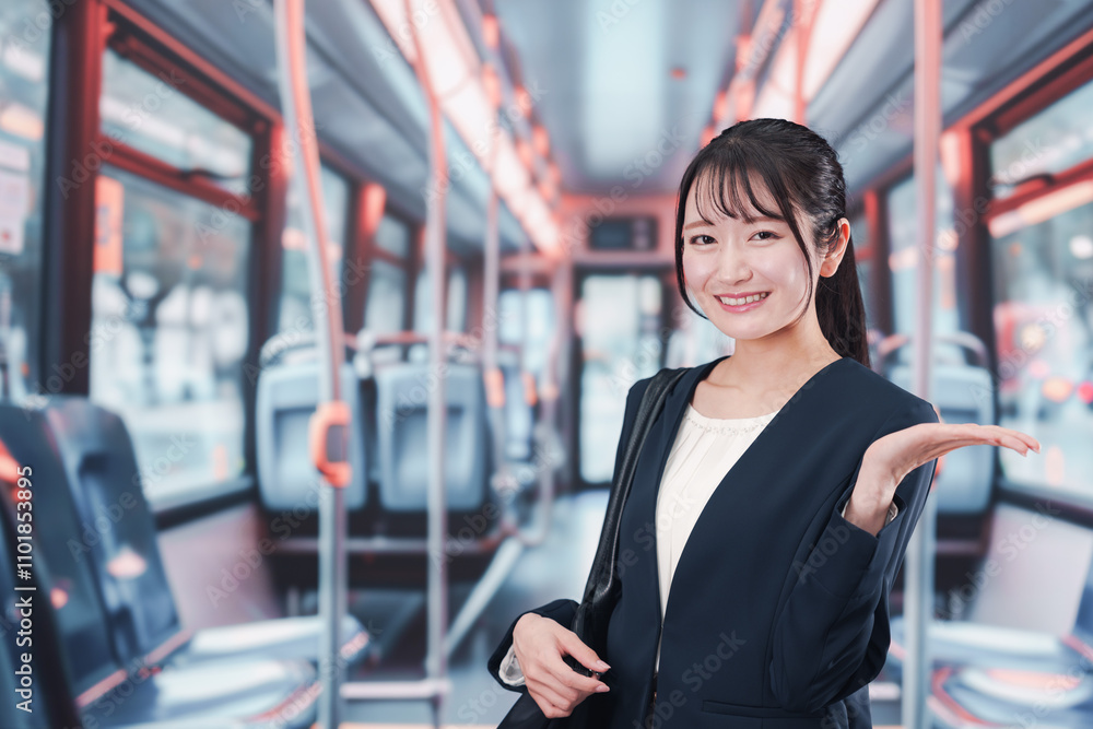 バスに乗って通勤をする若い女性 バスに乗って通勤をする若い女性