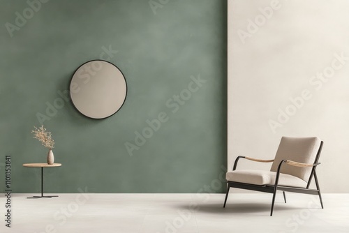 Minimalist living room with a round mirror and modern chair in soft color tones