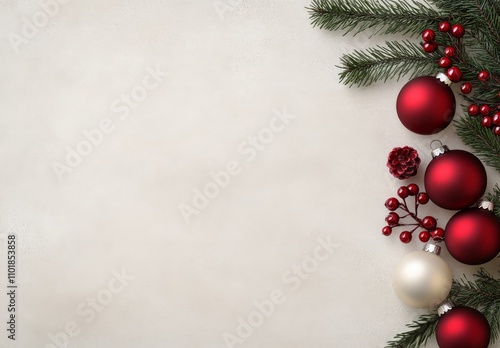 Festive holiday decorations with red and gold ornaments and evergreen branches