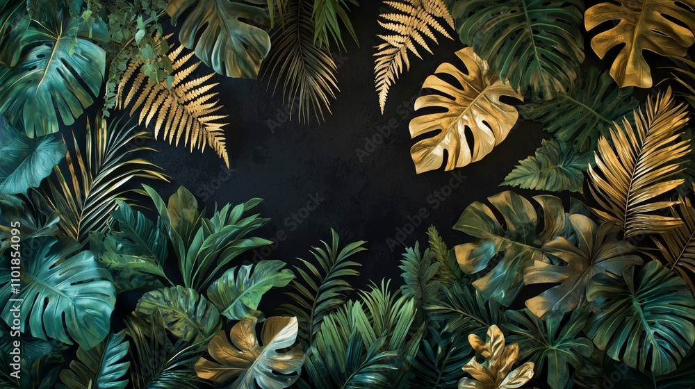 Lush Tropical Foliage Background with Vibrant Green and Gold Leaves Perfect for Nature-Themed Projects, Interior Design, and Eco-Friendly Concepts Lush Tropical Foliage Background with Vibrant Green and Gold Leaves Perfect for Nature-Themed Projects, Interior Design, and Eco-Friendly Concepts