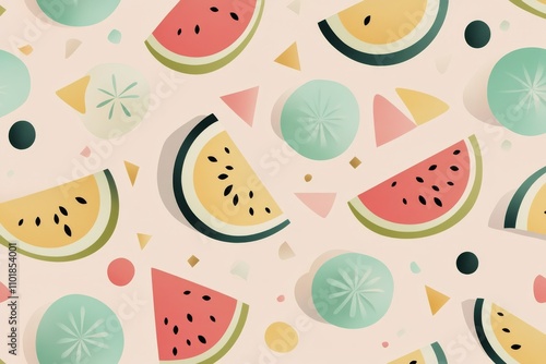 Colorful paper decorations featuring watermelon shapes in a playful arrangeme...
