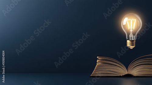 An open book shines under a bright bulb, symbolizing knowledge, creativity, and inspiration across diverse fields photo