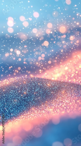 Sparkling blue and pink bokeh lights create a magical atmosphere in a soft glow