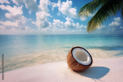 A half coconut i a exotic paradise beach. photo