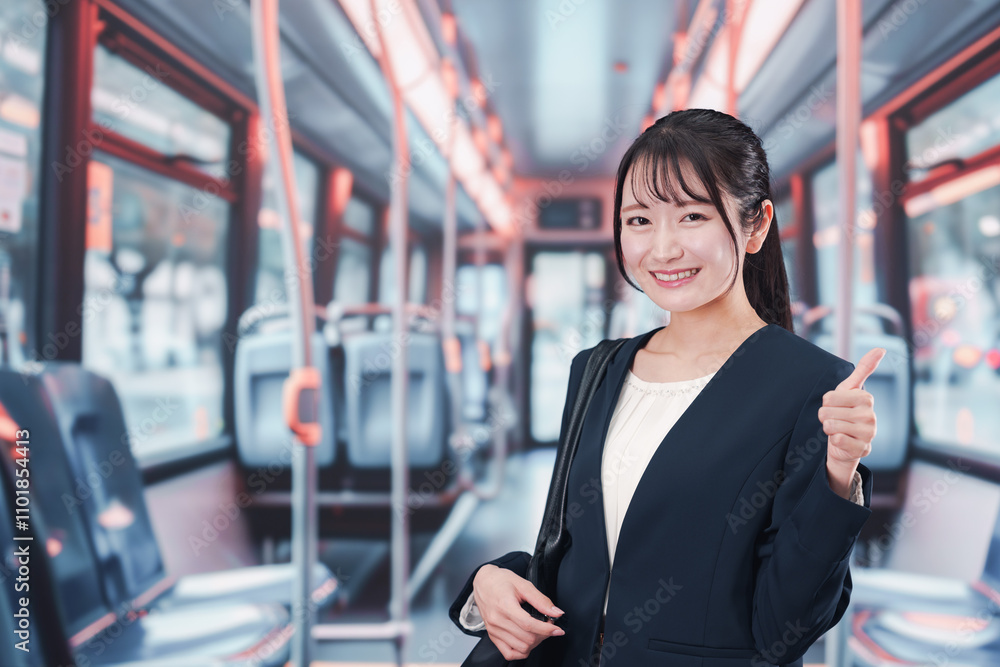 バスに乗って通勤をする若い女性 バスに乗って通勤をする若い女性