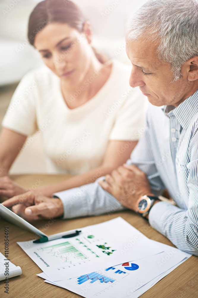 Tablet, paperwork and business people in office with data analysis, research or budget planning for sales growth. Teamwork, man and woman with charts, graphs and financial report stats on digital app Tablet, paperwork and business people in office with data analysis, research or budget planning for sales growth. Teamwork, man and woman with charts, graphs and financial report stats on digital app