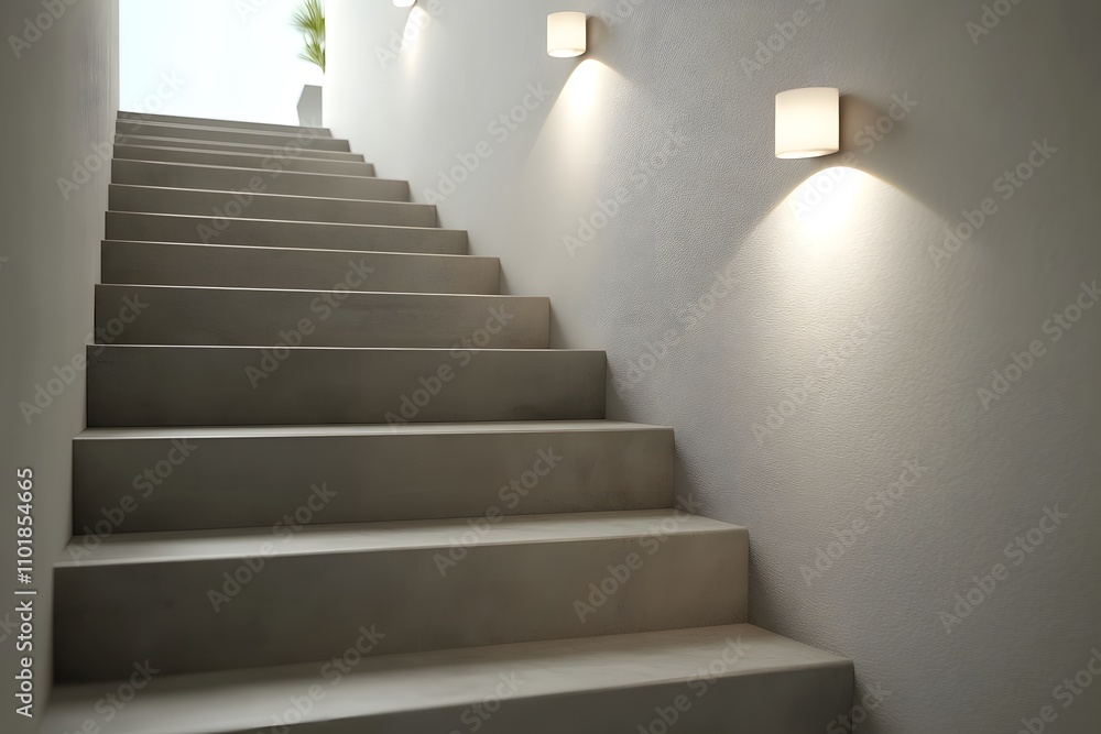 A modern staircase illuminated by wall lights, leading to a bright space. A modern staircase illuminated by wall lights, leading to a bright space.