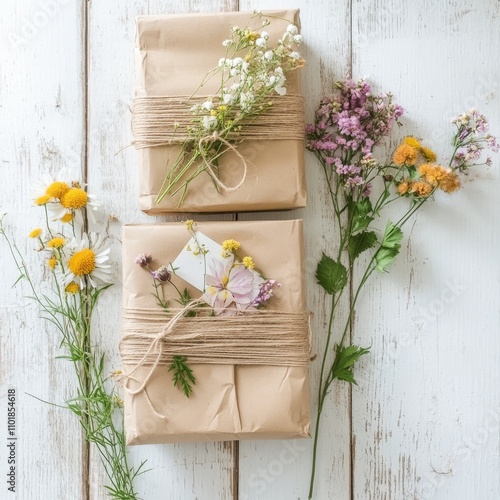 Creative gift wrapping with dried flowers and natural twine on wooden background