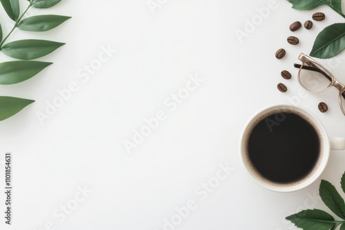 Dark coffee in a bowl accompanied by fresh leaves and coffee beans on a white...