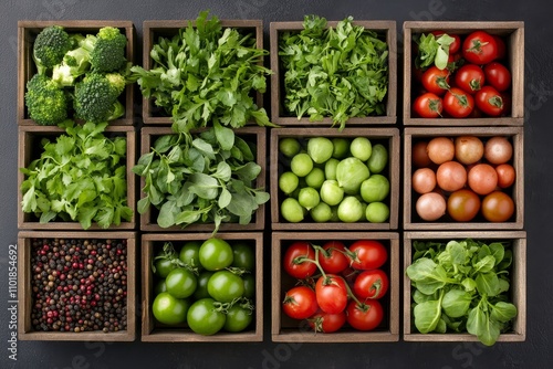 Fresh vegetables arranged in wooden boxes highlighting variety and color in c...