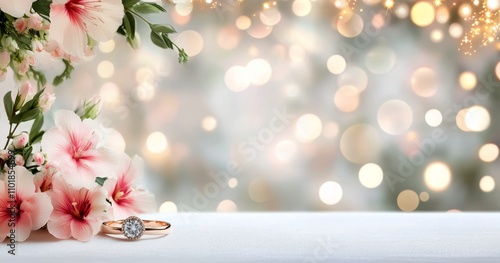 Engagement ring surrounded by flowers creating a romantic atmosphere for spec...