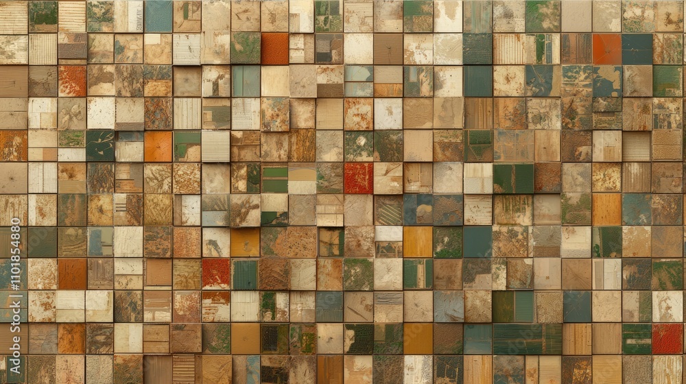 Fototapeta premium A textured mosaic wall featuring a variety of colored and patterned tiles, creating a visually striking abstract design.