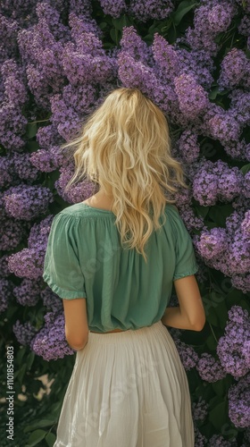 Woman standing among blooming lilac flowers in a garden on a sunny day