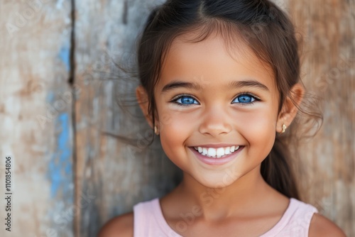 Young girl with blue eyes smiles happily while leaning against a wall in natu...