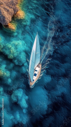 Sailing through azure waters among coastal reefs during a bright sunny day