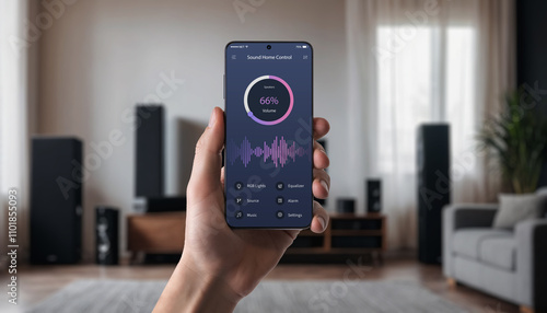 Controlling home sound system with a mobile app. Hand holding smartphone, adjusting audio settings with visible speakers in a modern living room, smart home technology for seamless entertainment.