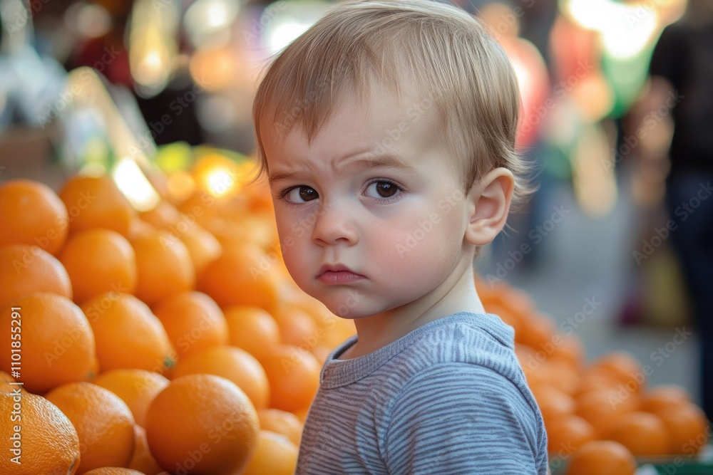 Fototapeta premium A young boy holding a pile of oranges, ideal for family or still life photography