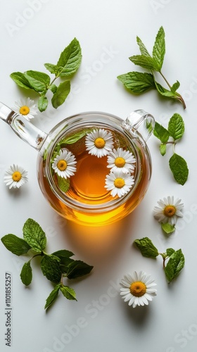 Herbal tea preparation with chamomile flowers and mint leaves in a calming di...