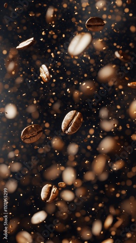 Floating coffee beans in a dark environment surrounded by specks of dust and ...