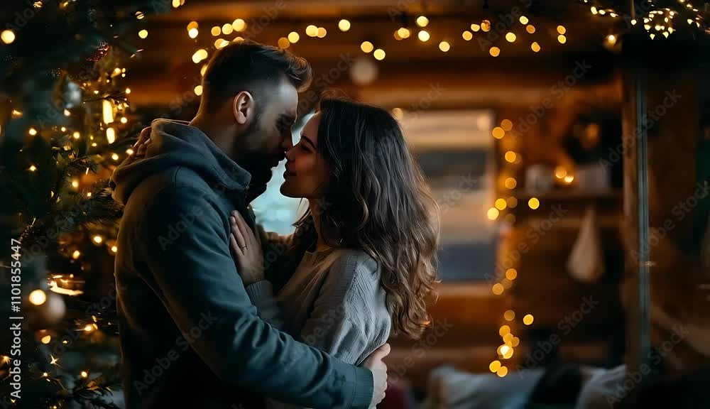 The camera gently zooms in on the couple's faces as they share a loving gaze, surrounded by the twinkling lights of the Christmas tree. The atmosphere is filled with warmth and intimacy, capturing the The camera gently zooms in on the couple's faces as they share a loving gaze, surrounded by the twinkling lights of the Christmas tree. The atmosphere is filled with warmth and intimacy, capturing the
