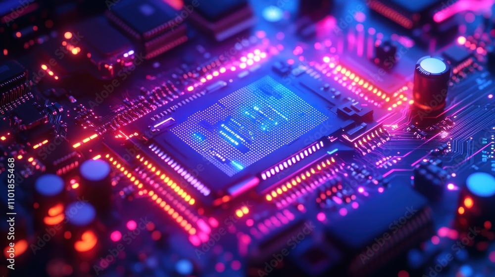 Close-up of a glowing circuit board with a central processor. Close-up of a glowing circuit board with a central processor.