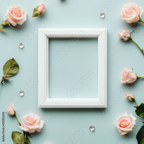 Floral decoration with white frame and pastel roses on soft blue background