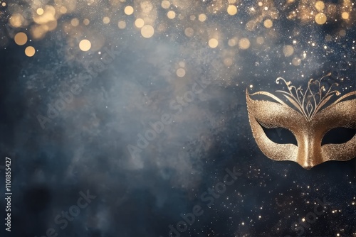Sparkling gold mask beside shimmering background during festive celebration time