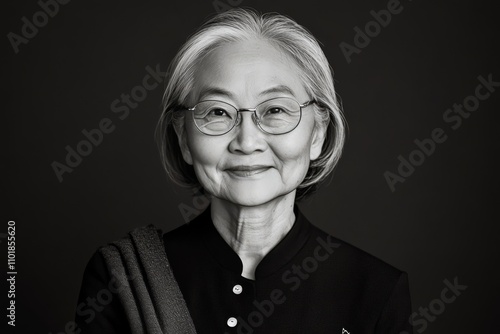 Portrait of an elderly woman with silver hair and glasses expressing warmth a...