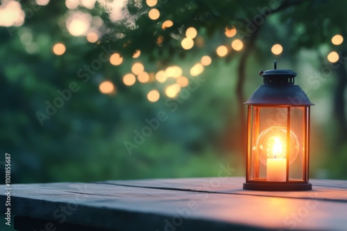 Candle lantern glowing on wooden table at sunset creating a serene atmosphere