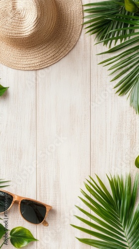 Tropical summer flat lay with hat and sunglasses surrounded by green leaves