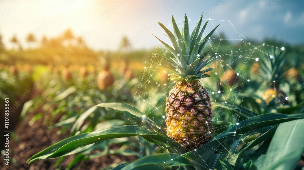 A field of pineapple plants features a digital overlay of IoT monitoring, symbolizing precision agriculture and innovative farming practices A field of pineapple plants features a digital overlay of IoT monitoring, symbolizing precision agriculture and innovative farming practices